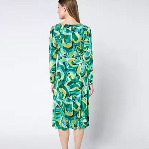 Susan Graver shades of green long sleeve wrap top midi dress size medium petite - Picture 2 of 8